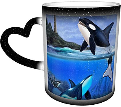 BOHHO Taza La familia Orca Taza de café Taza de viaje personalizada con cambio de color negro mágico Taza de cerámica sensible al calor