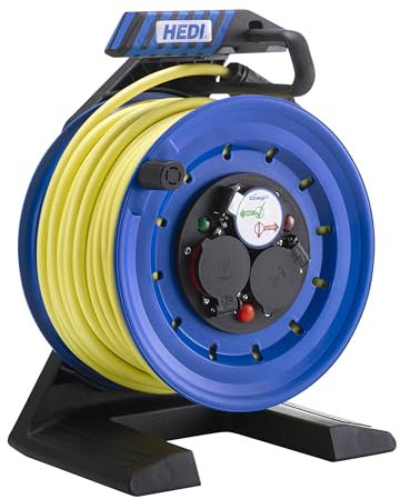 HEDI Vollkunststoff-Kabeltrommel Generation 7 Companion (Kabeltrommel-ø 250 mm, 25 m HEDI Panzerkabel 2,5mm, spritzwassergeschützte 3-fach Schutzkontakt-Steckdose 250 V) K7A25U2TF