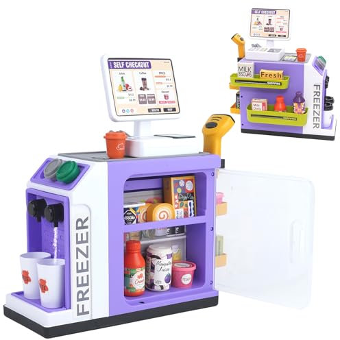 46PCS Caisse Enregistreuse Jouet pour Enfants avec Calculatrice Scanner Carte de Crédit, Caisse Enregistreuse pouvant être rempli d'eau,Jouets Jeu de Rôle pour Enfant à Partir de 3 Ans (Violet)