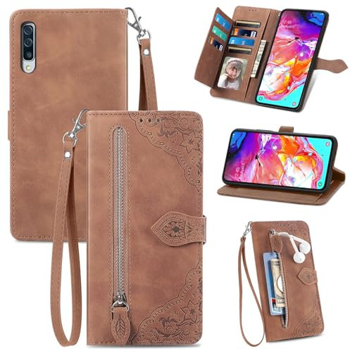 JayModCase Handyhülle für Samsung Galaxy A70 / Galaxy A70S, PU Leder Magnetverschluss Handytasche, mit Reißverschlusstasche Ständer Kartenfächer Hülle Kompatibel mit Galaxy A70 / Galaxy A70S - Braun