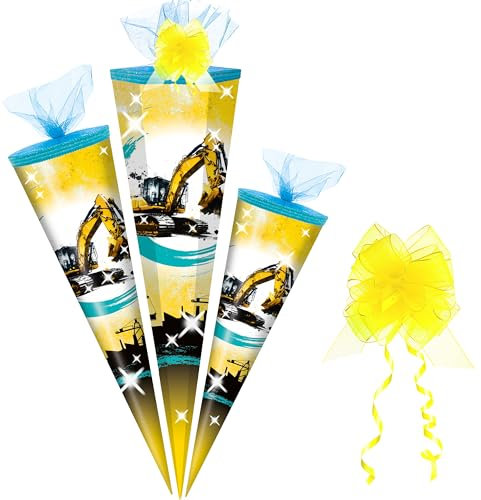 alles-meine.de GmbH Schultüte - Bagger & Baustelle - 50-85 cm - Größe wählbar - inkl. Tüll Schleife - Zuckertüte - Tüll Abschluß - eckig/rund - klein & groß - Geschenktüte - ..