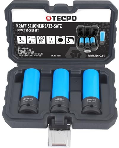 TECPO 3x Schlagschrauber-Nüsse, Kraft-Schoneinsatz-Satz SW 17 mm, aus Chrom-Molybdän-Stahl, 1/2 Antrieb, für Hand- & Schlagschrauber geeignet, mit Kunststoffmantel & Einsatz zum Schutz von Alufelgen