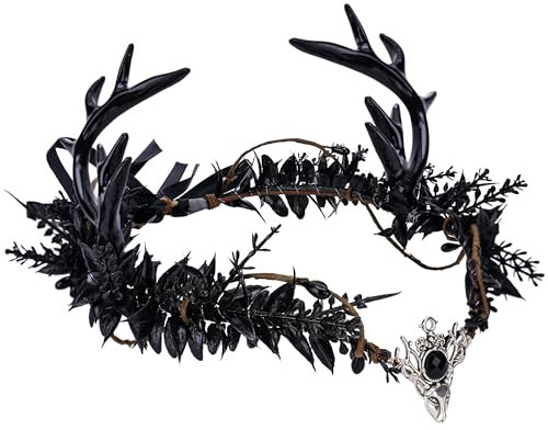 MOSTORY Handgefertigte schwarze Geweih-Krone - Gothic Elf Kopfschmuck Wald-Fee-Haarband Elfen-Dunkel-Circlet für Frauen Mädchen Renaissance Weihnachten Cosplay Goth Hochzeit Party Fae Ball