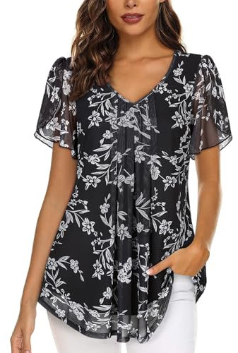 ACDAY Womens Blouses and Tops Casual Long Tunic Tops to Wear with Leggings Plus Size Short Sleeve Dressy Work Shirts Ladies Summer Tops for Women uk Overlap Short Sleeve Tops Shirts Black White