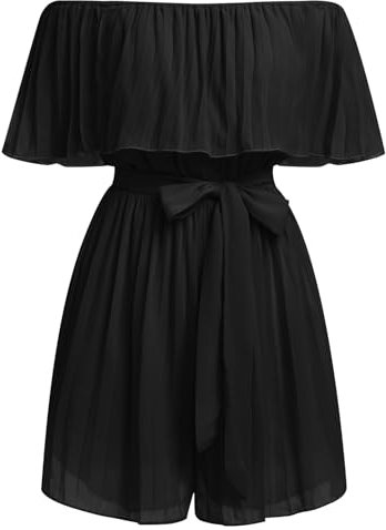 FYMNSI Damen Off Shoulder Jumpsuit Schulterfreier Chiffon Jumpsuit Kurz Playsuit Overall mit G�rtel R�schen Plissee Elegant Mini Playsuit Boho Strand Rompers Bodysuit Strampler Partykleid Schwarz S