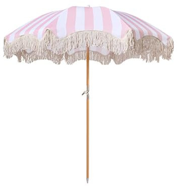 Patio Strandschirm mit Fransen und Tragetasche,Rosa Weiß Gestreifte UV-Schutz Garten Quaste Regenschirme mit Faltbaren Druckknopf Kippen Holzstange,Sonnenschirm für Urlaub (Size:7'H,Color:Rosa + Weiß)