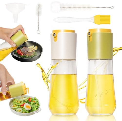 Dachiy Lot de 2 Spray Huile Cuisine, 2 en 1 Vaporisateur Huile 300ml, Pulverisateur d'huile et Distributeur, Pulverisateur Huile Verre, spray huile cuisine air fryer, pour Cuisiner, Griller, Salade