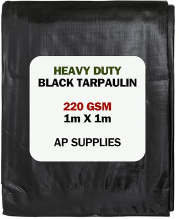 1m x 1m Black Tarpaulin Cover - 220gsm Thick - Waterproof, Weatherproof, Frost-Resistant, UV Protection, Universal, Multipurpose, Groundsheet, Camping, Boating, Hiking, Heavy Duty Sheet