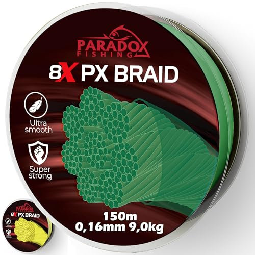 Paradox Fishing 8X PX geflochtene Angelschnur I Tarngrün 150M - 0,16mm - 9,0kg – Angelschnur geflochten- 8fach eng geflochten