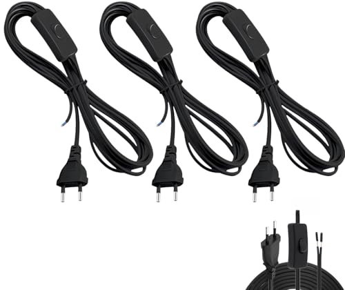joonnair 3x1,8m Cable De AlimentacióN Con Interruptor Y Enchufe Plano Cable Para Lampara Para LáMpara Y Diy, Cable Desnudo De Dos Agujas Cable Con Interruptor Enchufe, Enchufe Europeo 230v 150w Negro