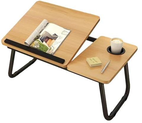 Table de lit réglable – Bureau portable, bureau de travail pliable, plateau de petit déjeuner compact | Plateau alimentaire polyvalent, Table de chevet en noyer avec porte-gobelet pour bureau à domici