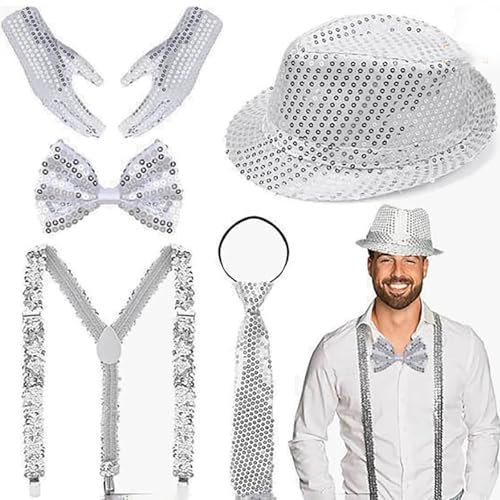 Glitzer Outfit Herren 5er Set, Glitzer Accessoires Herren, Hosenträger Glitzer, Pailletten Fliege, Glitzer Krawatte, Glitzer Hut, Handschuhe, Glitzer Kostüm Silber für Fasching Disco Party