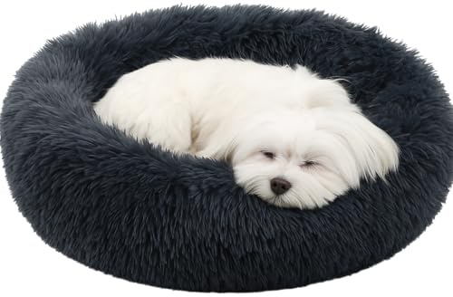 Flamingo Hundebett flauschig, Katzenbett, Donut Kissen, waschbar, Polsterung in der Mitte herausnehmbar, Langer Plüsch, 55 cm Durchmesser - grau