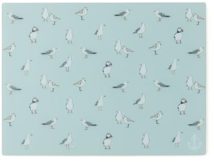 Cooksmart Coastal Birds Glass Worktop Saver, Tempered Glass Board | British designed, gull and puffin artwork, heat resistant, durable surface protector, non-slip feet