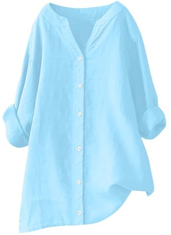 RLEHJN Chemisier en Coton Et Lin À Manches Longues Et Col en V pour Femme Chemise Longue Ample De Couleur Unie en Lin Tee Shirts Décontracté Lâche Respirant pour Plage Sport Dernières Nouveautés