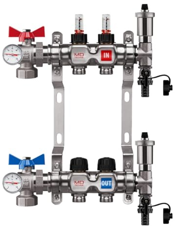MD Technic Heizkreisverteiler Edelstahl 2 Heizkreise Kugelhahn Gerade | inklusive Durchflussmesser Handventile Montage/Wandhalterungen Endset und automatische Entlüfter