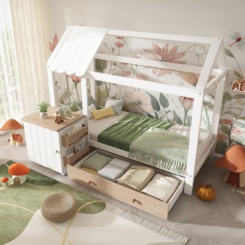 Trdlpyn Hausbett Kinderbett 90x200 cm mit Schubladen & abnehmbarem Nachttisch, Holzbett aus Massivholz mit Lattenrost, Montessori Bodenbett Einzelbett Bettgestell für Jungen und Mädchen, Eiche+Weiß