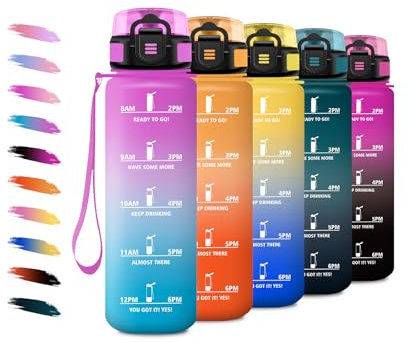 Borraccia Sport 1L, Borraccia con Filtro Senza Perdite, Bottiglia Acqua Sportiva con Indicatore del Tempo, Facile Pulizia, Bottiglia Motivazionale per Scuole, Campeggio, Viaggio, Corsa, Ufficio