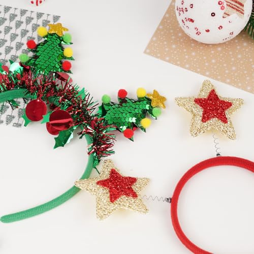 Christmas Headbands, Novelty Hairbands for Holiday Costumes Party Favors Glitter Headwear for New Year Hair Accessories with Xmas Tree and Stars