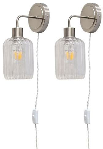 Set of 2 Toby - Satin Nickel Plug in Wall Lights Ribbed Glass Shades