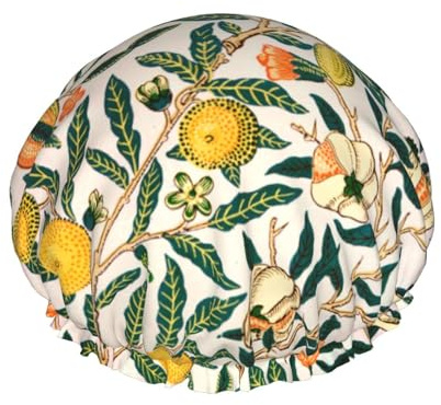 Gorro de ducha impermeable con banda elástica, gorro de ducha reutilizable de doble capa para mujer,Adorno de granada blanca de William Morris Fruit