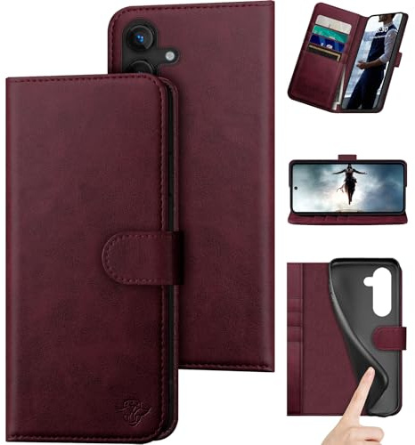 DuckSky Compatible with Samsung Galaxy S25 FE Genuine Leather Wallet case【RFID Blocking】【4 Credit Card Holder】【Real Leather】 Flip Phone case Cover Women Men for Samsung S25FE case Wine Red