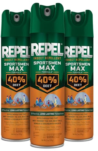 Repel Insect Repellent Sportsmen Max Formula 40% DEET, 6.5 Ounces, Long-Lasting Aerosol Insect Repellent Spray Repels Mosquitoes, Ticks, Gnats, Biting Flies, Chiggers and Fleas, 3 Pack