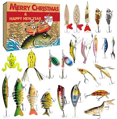 Adventskalender-Angelköder-Set, 24 Tage Countdown mit einzigartigen Ködern für Süß- und Salzwasser, Weihnachtsgeschenk für Vater, Opa, Freund, Ehemann und Angler, 2025 Weihnachtsüberraschungsgeschenk
