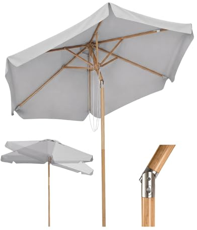 Sekey Sonnenschirm Balkon Holzoptik mit Neigungswinkel (Aluminium-Drehgelenk), Eisenmast 38mm & 6 Stahlstreben, Doppel-Seilzug, Sonnenschirm Strand für Balkon Terrasse, UPF 50+ Sonnenschutz