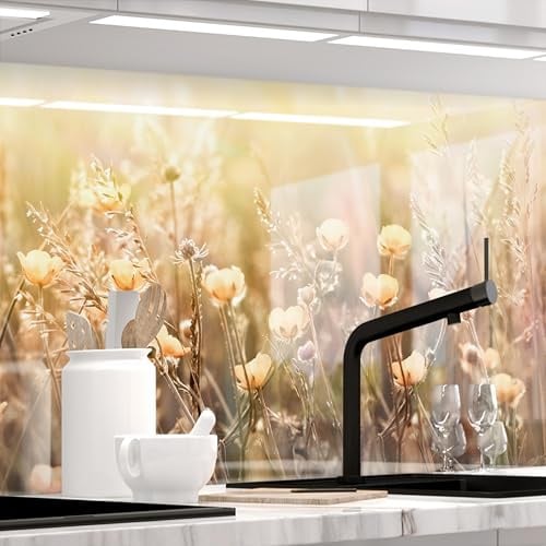 StickerProfis Küchenrückwand WARMES BLÜTENBEET (Premium) 60 x 500cm | Spritzschutz & Fliesenspiegel · alle Untergründe · hitzebeständig, abwaschbar · ohne Bohren · 1,8mm Verbundmaterial Glasoptik