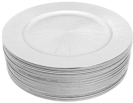 HazLope Platos de presentación - Lote de 50 platos redondos reutilizables plateados, 33 cm de plástico PP rígido para bodas, fiestas, banquetes, decoración de mesa elegante apilable
