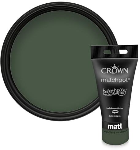 Crown WALLS & CEILINGS Deep Green Matt Paint Tester - Sample 40ml | Try Woodland Wanderer before you buy. See the true colour on your wall, in your own light. Low VOC, low odour, breatheasy