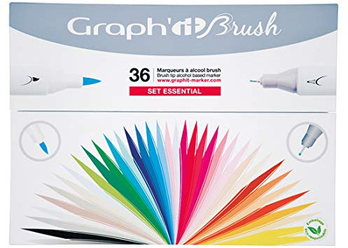 Graph'IT Pinsel-Set mit 36 Markern mit doppelter Spitze – Essentielle Farben