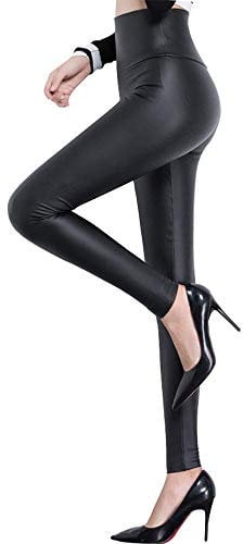 FITTOO Women High Waisted Faux PU Leather Leggings Stretchy Slim Fit Trousers Matte , Black Matte Black, S