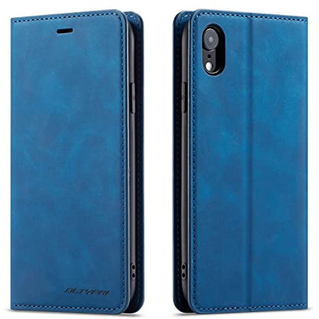 QLTYPRI Hülle für iPhone XR, Premium Dünne Ledertasche Handyhülle mit Kartenfach Ständer Flip Schutzhülle Kompatibel mit iPhone XR (6,1 Zoll) - Blau