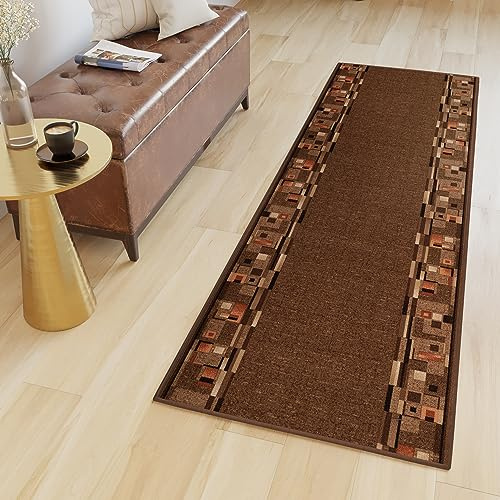 TAPISO Anti Rutsch Teppich Läufer rutschfest Brücke Meterware Modern Braun Orange Vierecke Figuren Design Flur Küche Wohnzimmer 100 x 750 cm