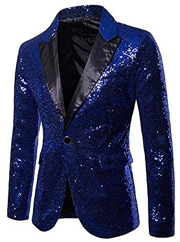 CHRONSTYLE Herren Slim Fit Sakko Blazer Anzugjacke Freizeit EIN-Knopf Pailletten Glitter Anzug Jacke Karneval Kostüm für Hochzeit Party Festlich (blau, XXL)