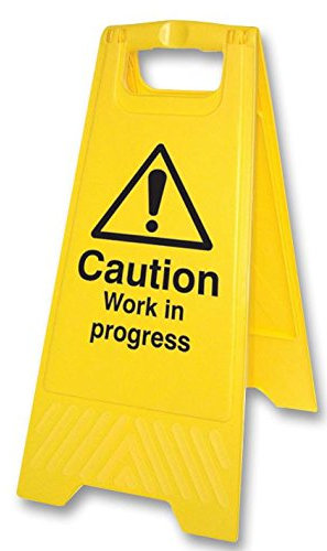 Schild, Work In Progress stehend, RP, Außenhöhe 575mm, Außenbreite 300mm, Schildfarbe schwarz auf gelb, SchildLegende Vorsicht, SchildMaterial Kunststoff, Schild Typ Boden, Warnung, Persönlicher