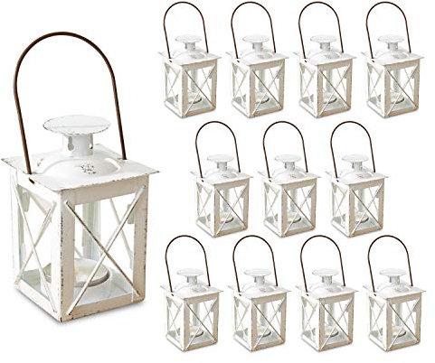 Kate Aspen Lanterne decorative – Set di 12 lanterne luminose in metallo invecchiato per matrimoni, decorazioni per la casa e feste – 11,4 cm di altezza (16,5 cm di altezza con manico) – bianco