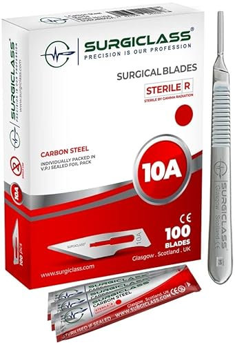 Surgical Scalpel Surgical Blades # 10A Carbon Steel Sterile Box of 100 and Handle No 3 Perfect for Wood Art, Surgical, Sculpting, Repairs, Lab Anatomy, Sign, Card Making Lab Training SURGIRD10A-100