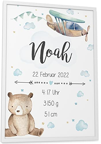 Papierschmiede® Geburtsposter, Name & Geburtsdaten personalisiert, DIN A3 (30x42 cm), Geburtsposter, Geburtsanzeige, Baby Geschenk Bild Geburt - ohne Rahmen - Verspielt Blau Jungen