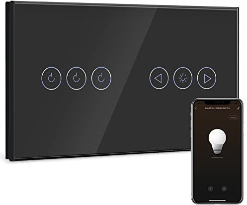 BSEED Interruptor de Pared WiFi con Interruptor de Atenuador,Negro 3 Gang 1 Vía Interruptor Inteligente,compatible con Alexa y Google Home,Control de APP y Función de Temporizador【Se necesita Neutro】