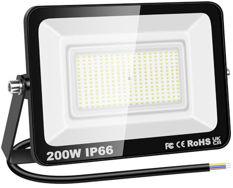 RIGIDON 1x 200W Luci da Esterno, 20000 Lumens Faretto Led, Fari di Sicurezza, Proiettore Led Esterno, Faretti LED Lampada Luce Bianca Freddo 6000K, IP66 Per Giardino Cortile Garage Piazza Officina