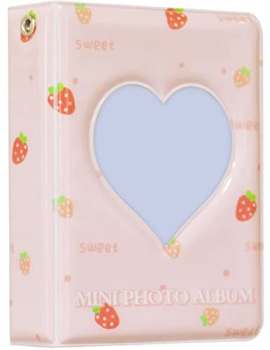 runrayay Pink 7,6 cm Mini-Fotoalbum, Kpop-Fotokartenordner, 40 Taschen, Strawberry Love Heart, hohler Fotokartenhalter, Buch, Visitenkarten-Fotokartenhüllen