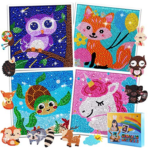 4 Diamond Painting Kinder Tiere 10 DIY 5D Diamant Painting Sticker Malerei Bilder Set Full Zubehör Glitzersteinchen Painting Kleine Mädchen Junge Geburtstag Festival Geschenke Crystal Art Craft Kits