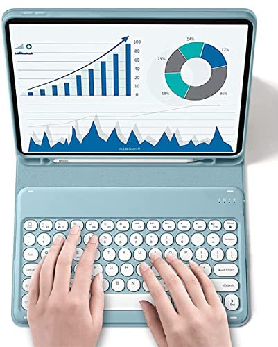 QIYIBOCASE Keyboard Case for iPad 10th Generation 2022,Round Keys Retro Detachable Magnets Wireless Keyboard Case with Pencil Holder for iPad 10 2022 (Blue)