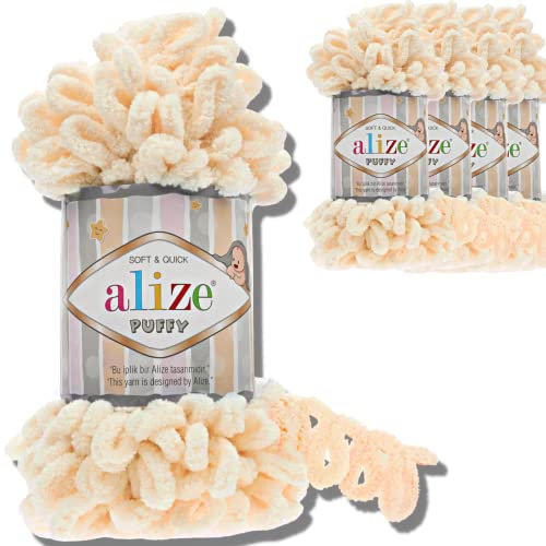 Alize 5x 100g Puffy türkische Wolle Super Bulky Chenillegarn Kuschelweich Babywolle Handstrickgarn zum häkeln weiches Chenille-Garn XXL-Knäuel für Amigurumi (Vanilla | 742)