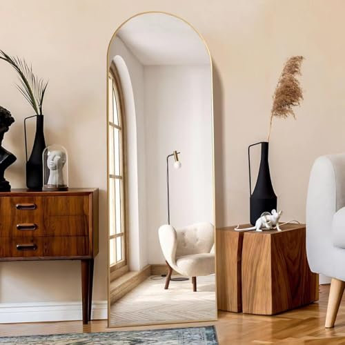 KOCUUY Miroir sur Pied Arqué, 161 x 52 cm Grand Miroir Mural avec Cadre en Aluminium Doré à Suspendre, à Poser, à Appuyer, pour Salon, Chambre, Couloir