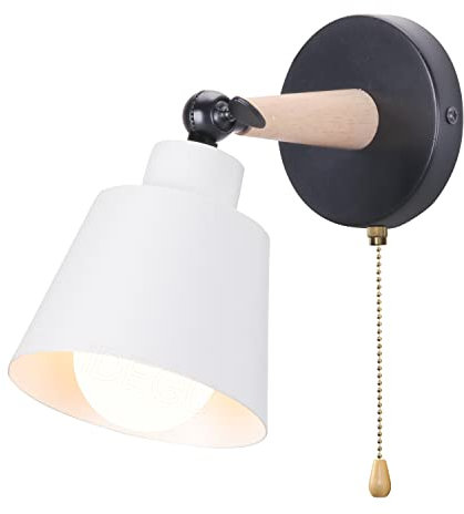 iDEGU Wandleuchte Innen Retro Wandlampe aus Holz und Metall mit Schalter Verstellbar Wandspot Moderne Wandleuchte für Schlafzimmer Flur Eingang Wohnzimmer (Matt Weiß)