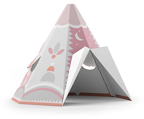 FOLDZILLA Spielhaus XXL 1,32 x 1,22 x 1,55 m aus Pappe Pappspielhaus Karton Haus - Tipi Ethno Muster Rosa
